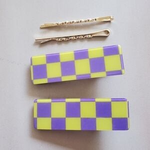 NEW Trendy Set 4 Yellow Purple Checkered Hair Clips